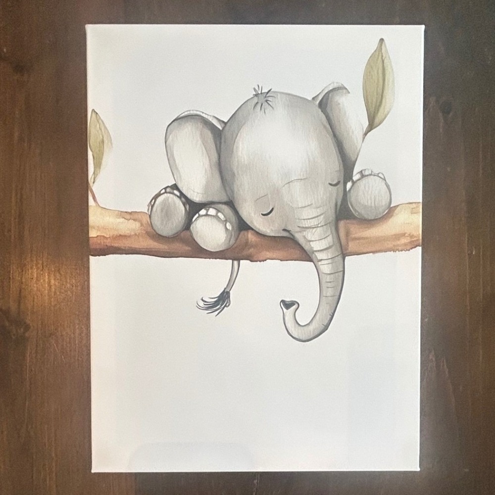 Sleeping Baby Elephant White Canvas Art Nursery Whimsical Safari Playroom Kids
